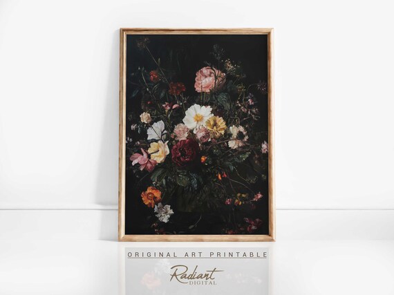 Dark Moody Floral Bouquet Black Background Oil Painting Art Print