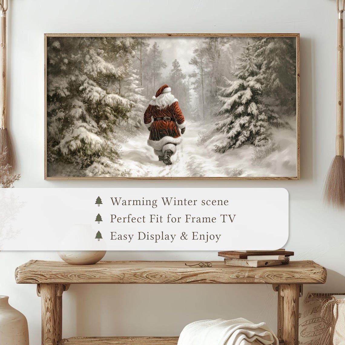 Walking Santa Snowy Pine Forest Path Vintage Winter Scene Wall Art - Image 4