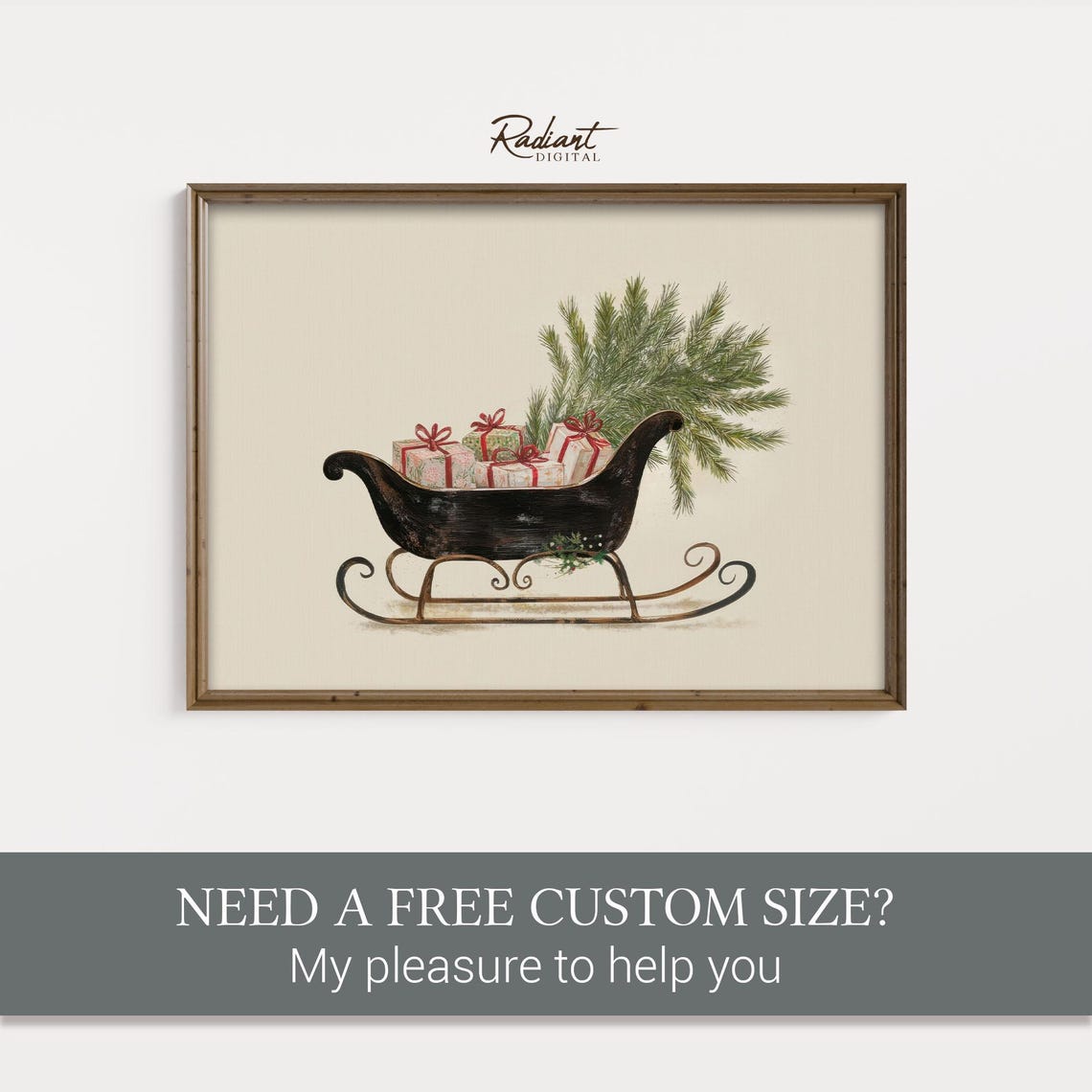 Vintage Black Sleigh with Gifts Pine Branches Holiday Poster - Image 2