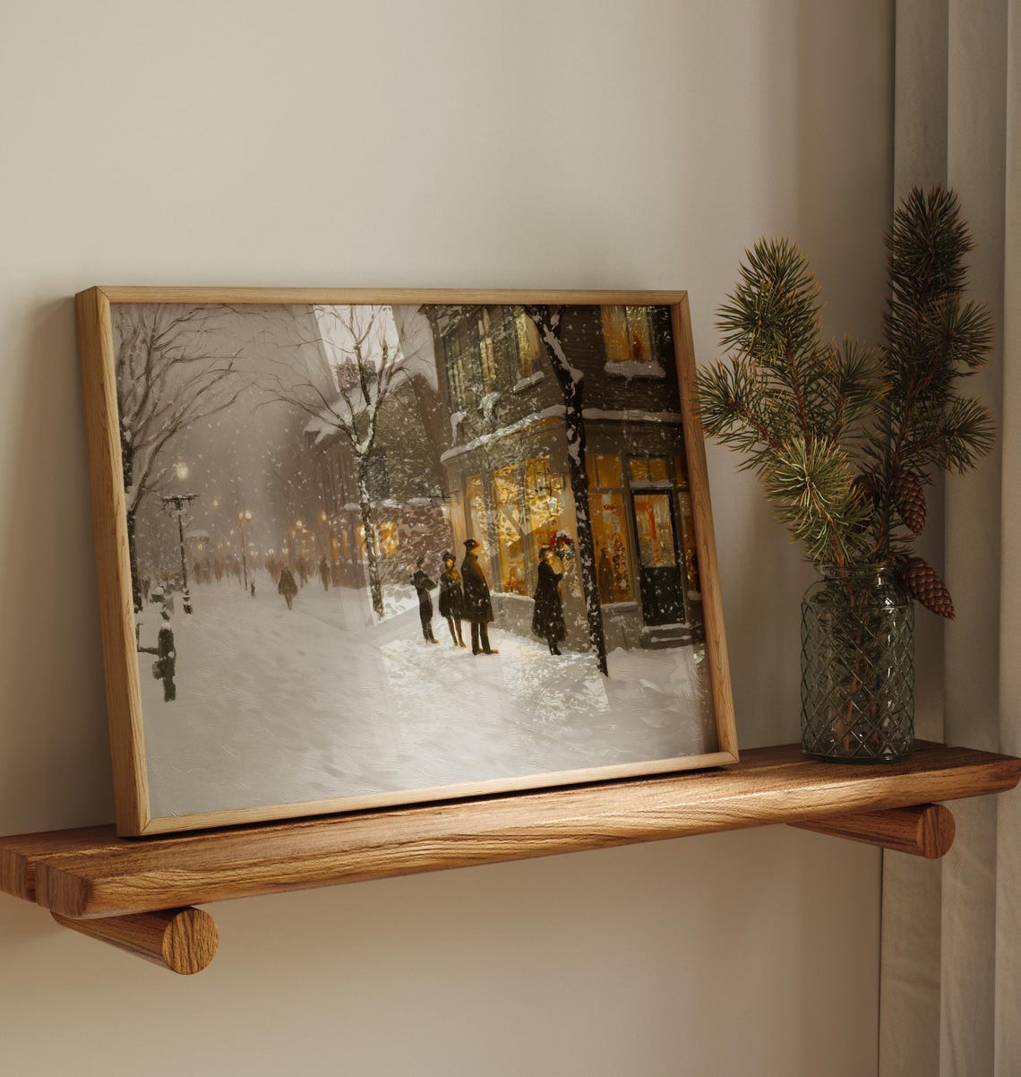 Snowy Vintage Street at Night with Glowing Shop Windows Poster - Image 2