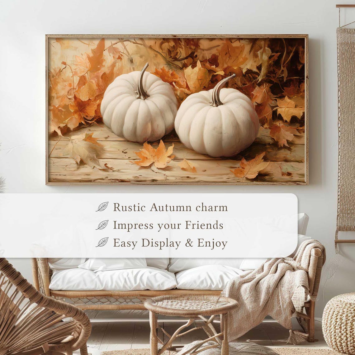 Two Pale White Pumpkins With Autumn Leaves Rustic Fall Poster - Image 4