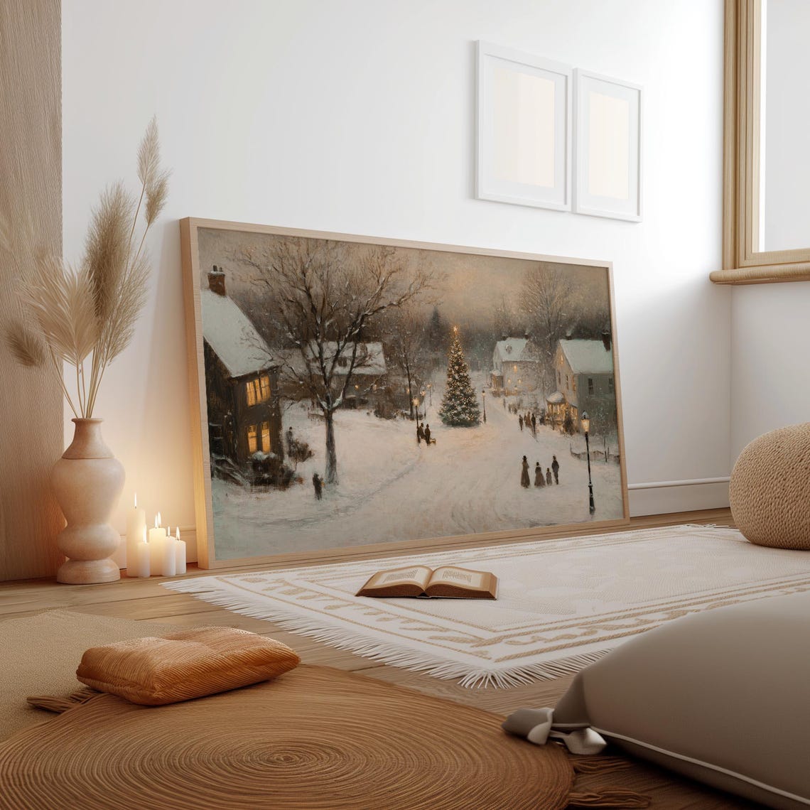 Snowy Village Christmas Street with Illuminated Tree Night Poster - Image 4