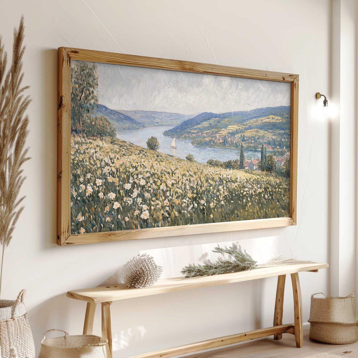 Serene Spring River Valley Flower Meadow Sailboat Scenic Poster - Image 3
