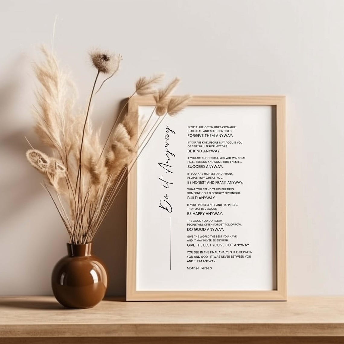 Mother Teresa Do It Anyway Beige Poem Minimal Typography Poster
