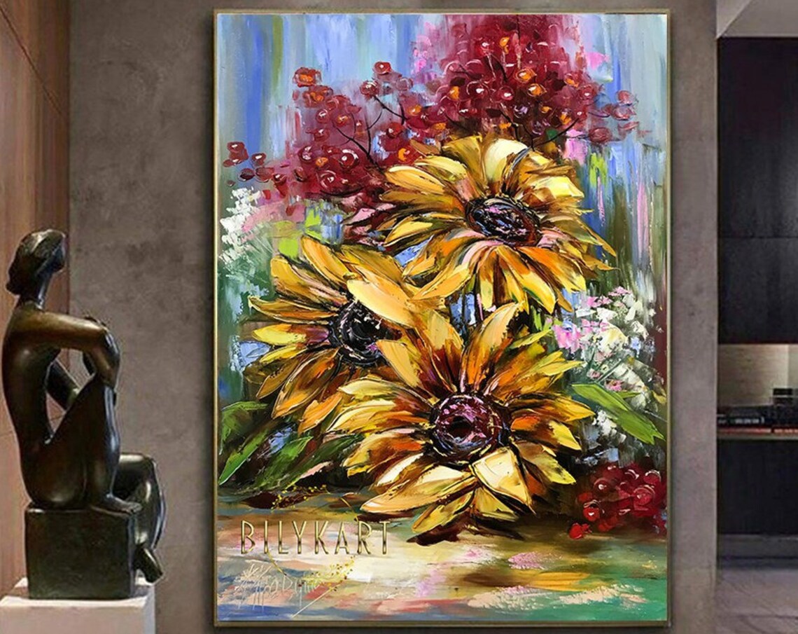Golden Sunflowers Red Berries Palette Knife Floral Still Life Poster
