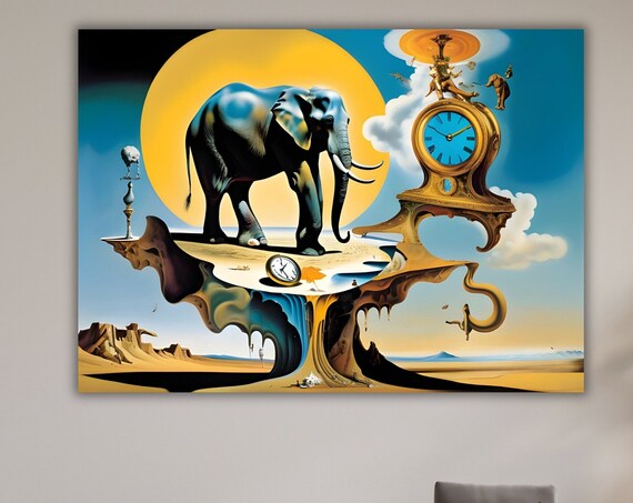 Surrealist Elephant with Melting Clocks Dreamscape Fantasy Art Poster