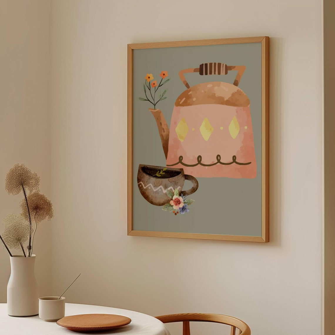 Cozy Kettle And Tea Cup Watercolor Kitchen Wall Decor Poster
