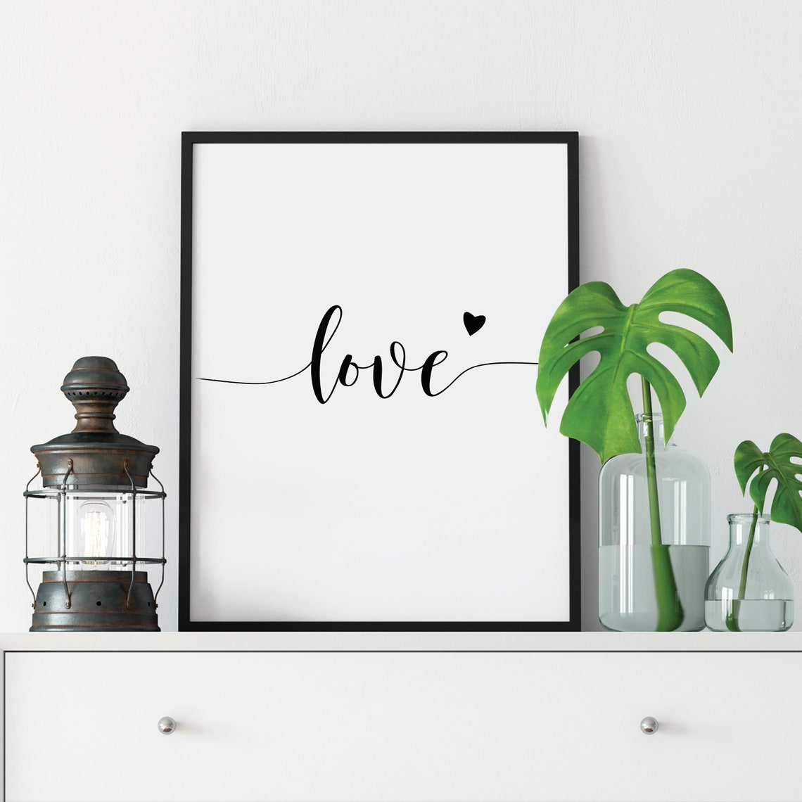 Love Script Typography With Heart Minimalist Black White Poster