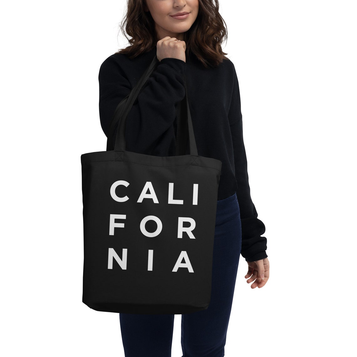 California Block Letter Black Canvas Tote Bag With White Print Design