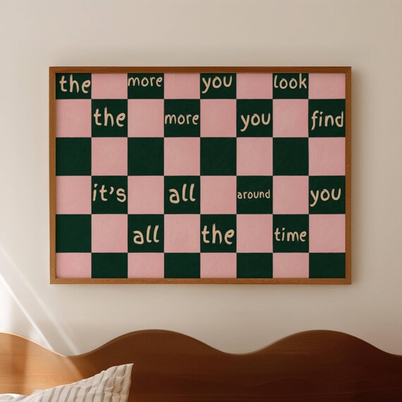 Ive Seen It Olivia Dean Lyrics Pink Green Quote Print Horizontal Above Bed Wall Art Hand Drawn Mid Century Checkered Typography Poster