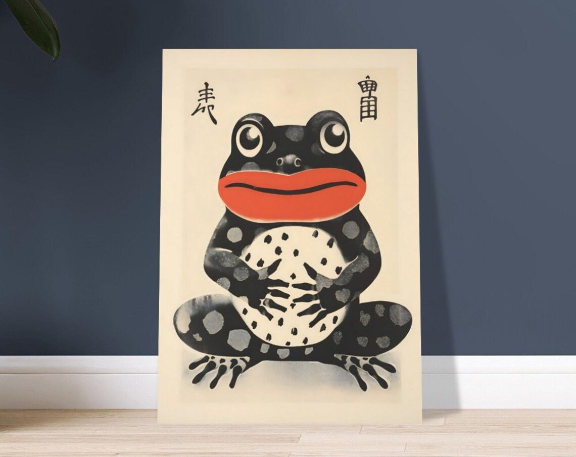 Japanese Woodblock Style Frog With Bold Red Lips On Cream Background Poster