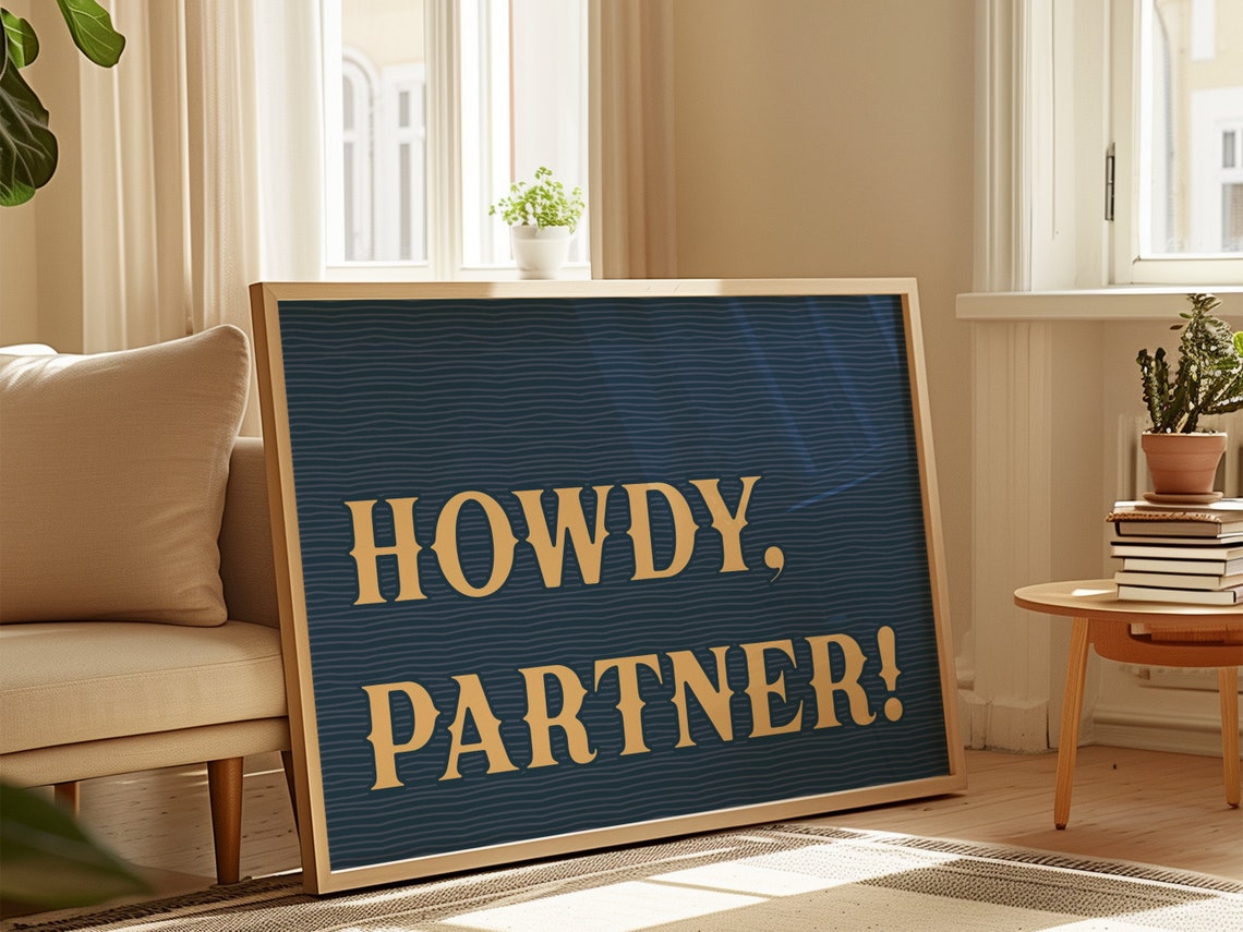 Howdy Partner Navy Gold Western Typography Statement Wall Art