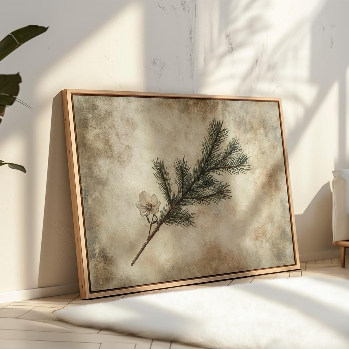 Vintage Botanical Pine Branch With White Flower Aged Paper Print - Image 3