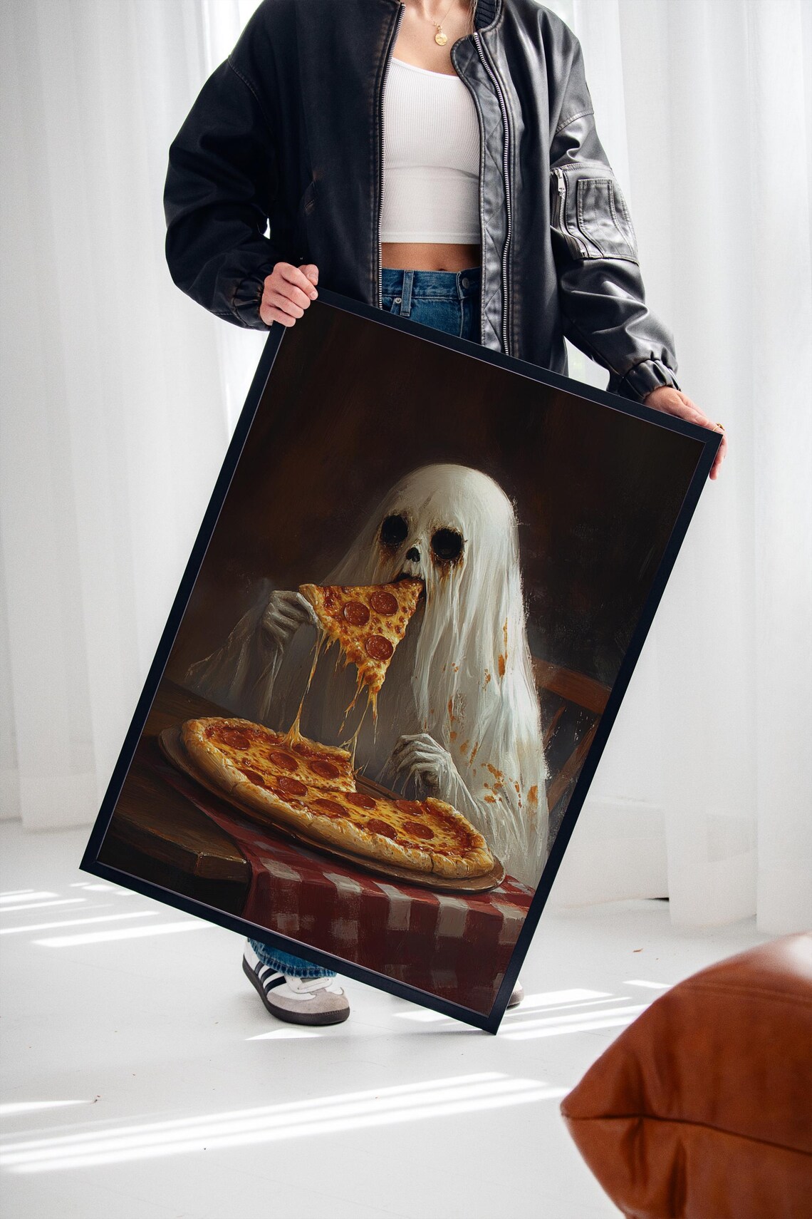 Ghost Eating Pizza Poster Funny Halloween Oil Painting with Pepperoni - Image 2
