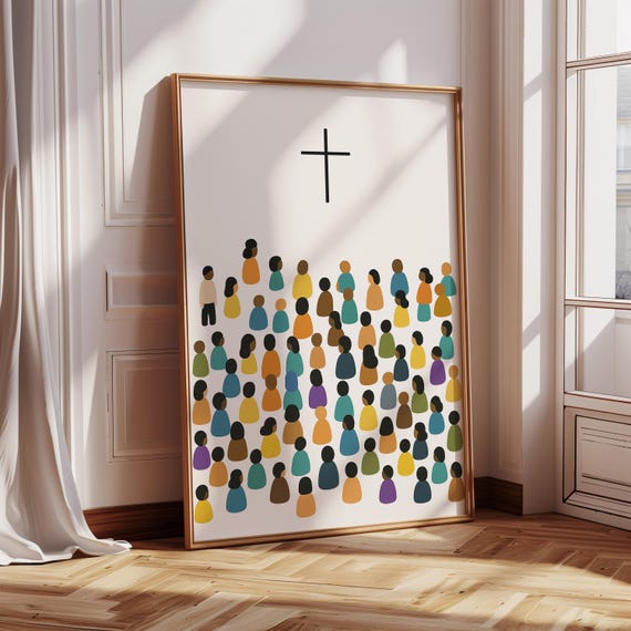 Minimalist Christian Wall Art Print Colorful Crowd And Simple Cross Illustration Modern Faith Based Decor For Spiritual Spaces