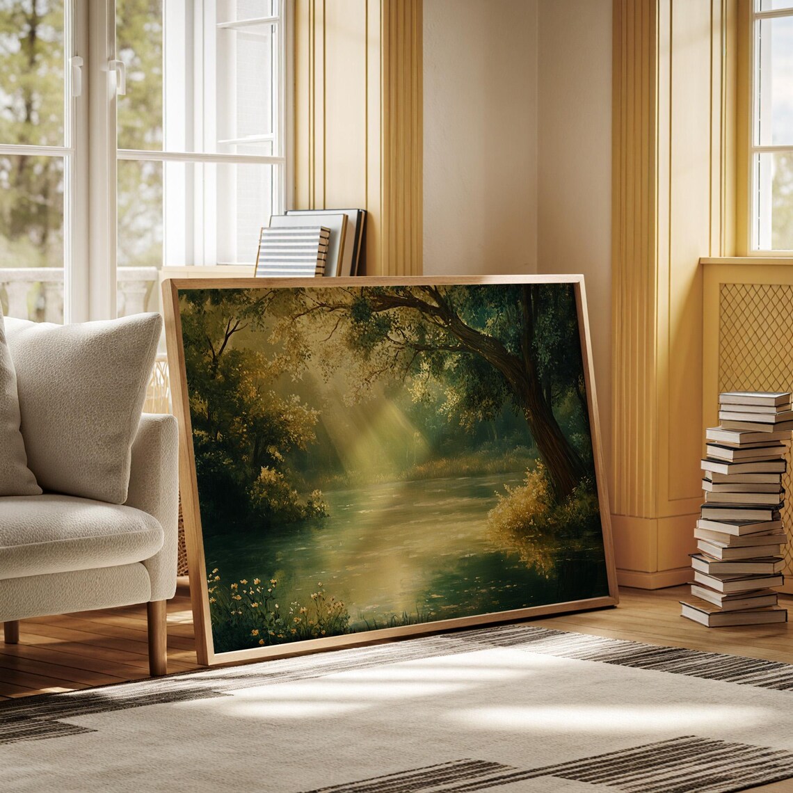 Golden Forest River, Peaceful Sunlit Landscape Art Print - Image 5