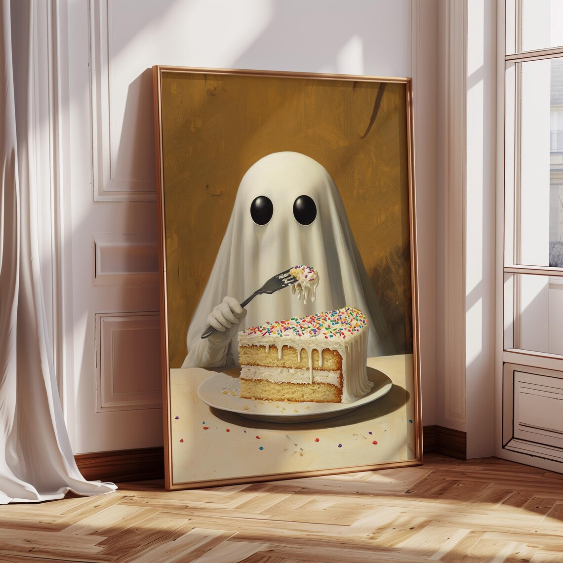 Cute Ghost Eating Cake, Funny Halloween Dessert - Image 5