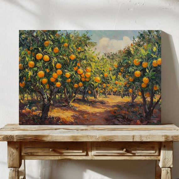 Orange Grove, Vibrant Citrus Orchard Landscape Art Print