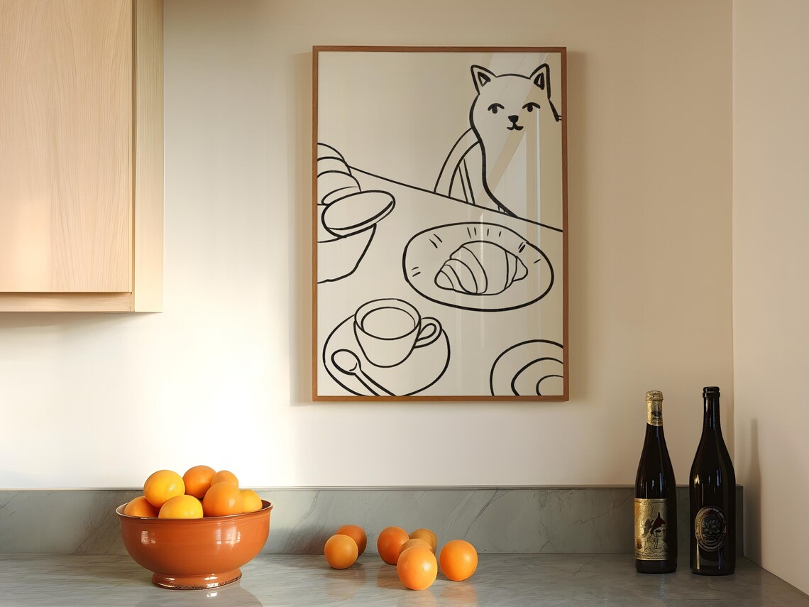 Whimsical Cat French Breakfast Table Minimalist Line Art Wall Poster