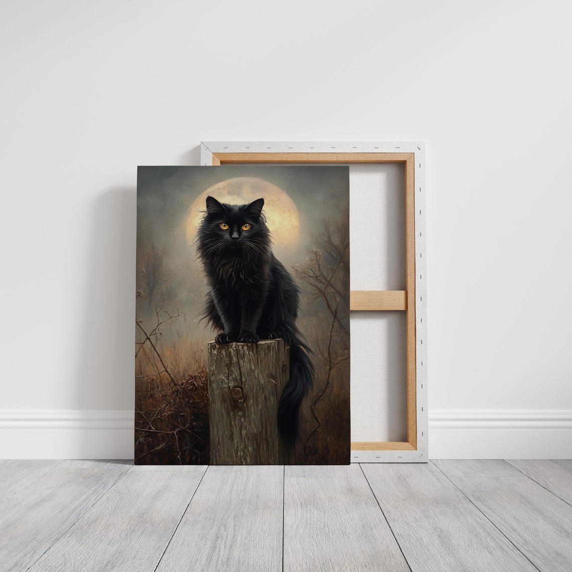 Fluffy Black Cat On Wooden Post Under Full Moon Night Art Print - Image 2