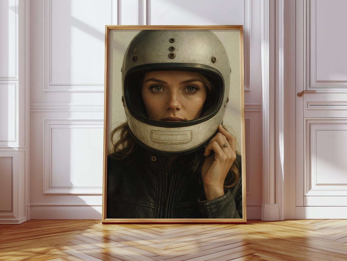 Vintage Helmet Woman Portrait, Retro Motorsport