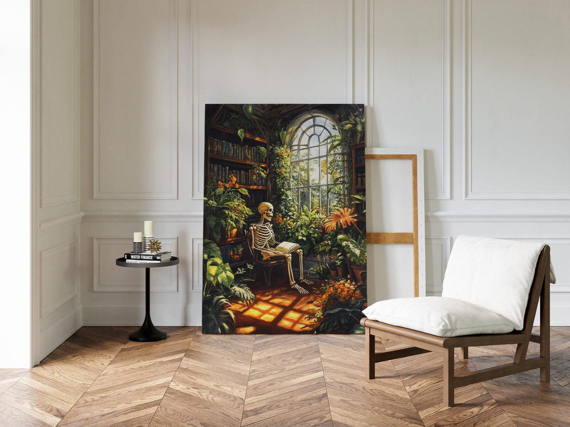 Skeleton Reading Among Plants Sunlit Library Botanical Art Print - Image 3