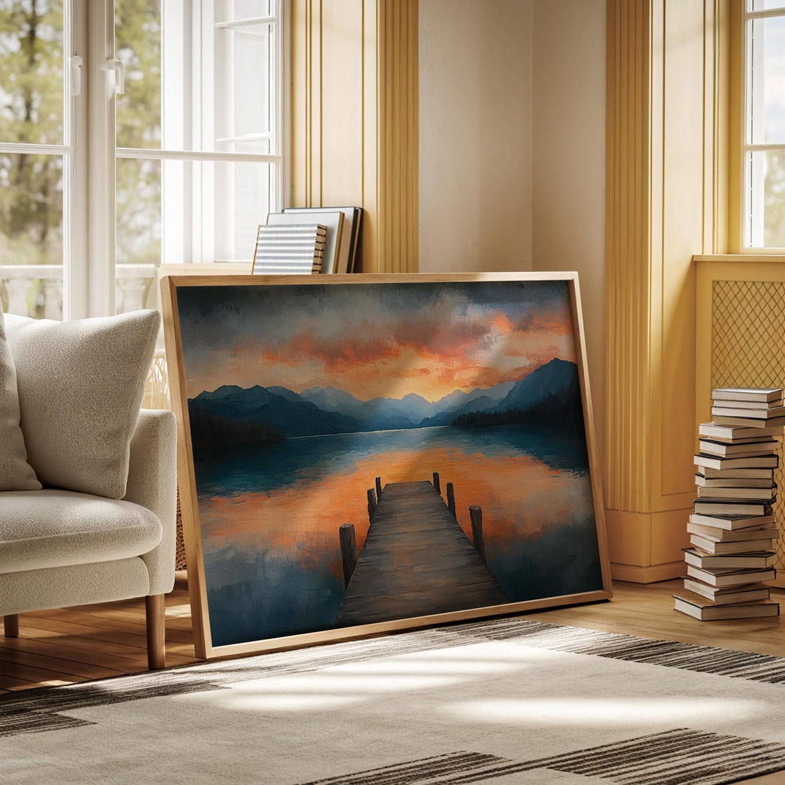 Serene Lakeside Sunset With Mountain Reflections Wall Art Print Peaceful Nature Landscape Painting For Wall Decor - Image 4