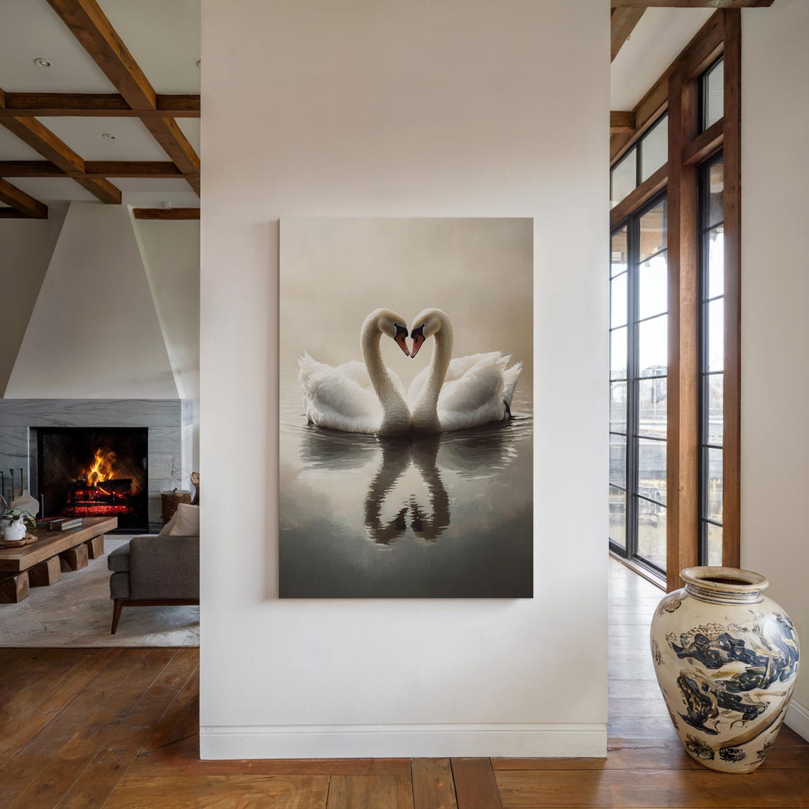 Two White Swans Heart Shape Calm Water Reflection Romantic Art Print - Image 2