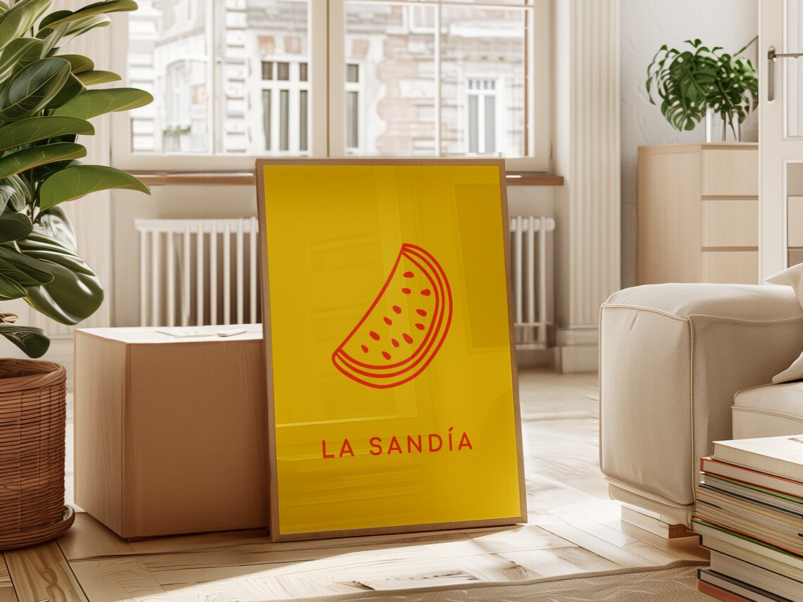 La Sandia Watermelon Line Art Mexican Loteria Bold Yellow Wall Print - Image 2