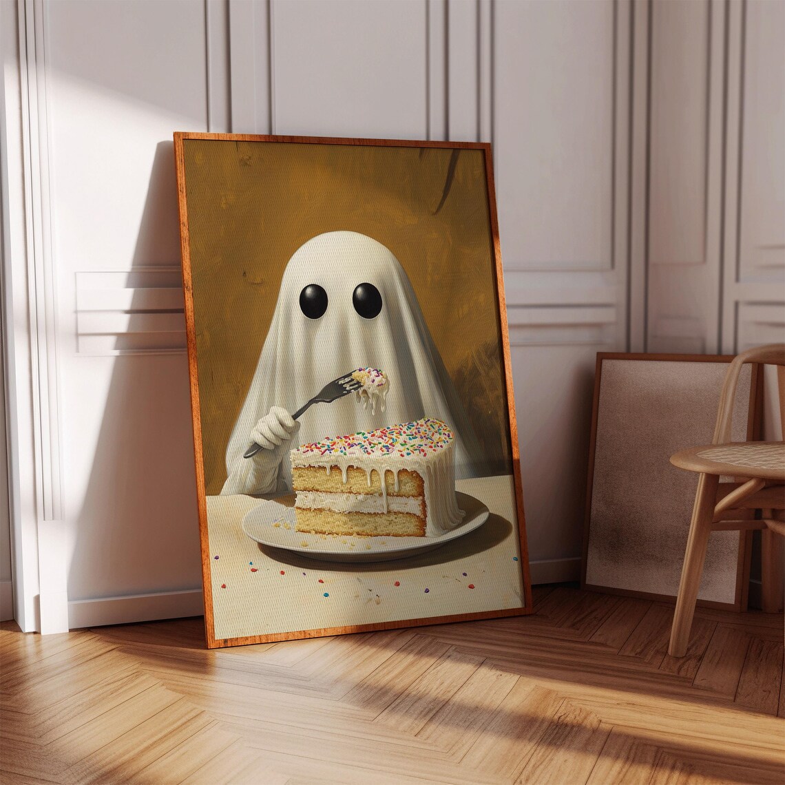 Cute Ghost Eating Cake, Funny Halloween Dessert - Image 2
