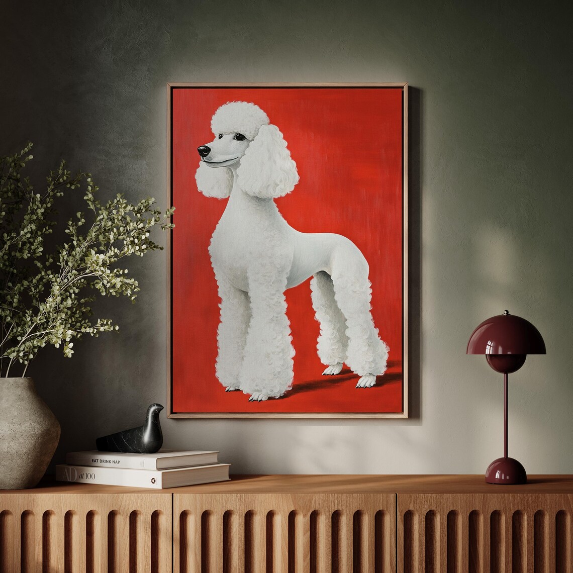 Elegant White Poodle Portrait Red Background Dog Wall Art Print - Image 2