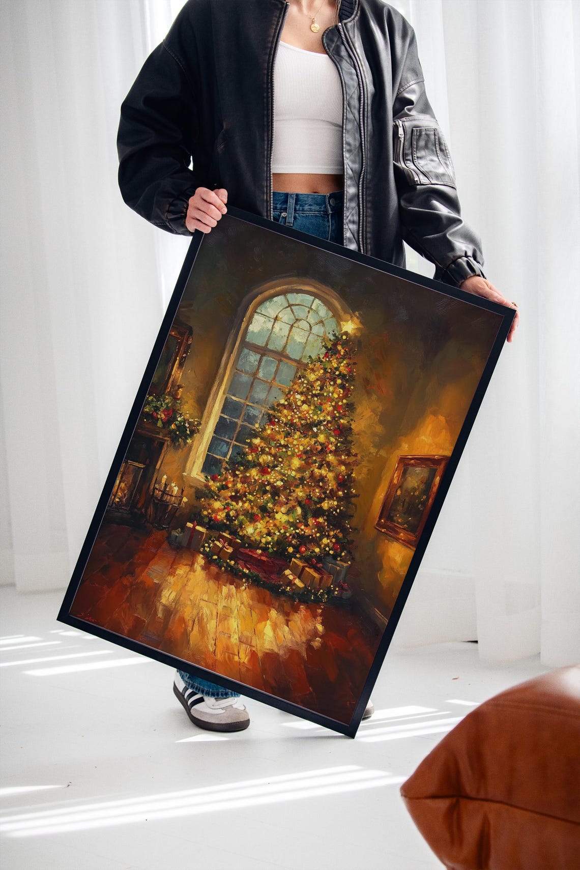 Glowing Christmas Tree By The Fireplace Cozy Holiday Living Room Scene With Lights Gifts Garland In Oil Painting Style Print - Image 3