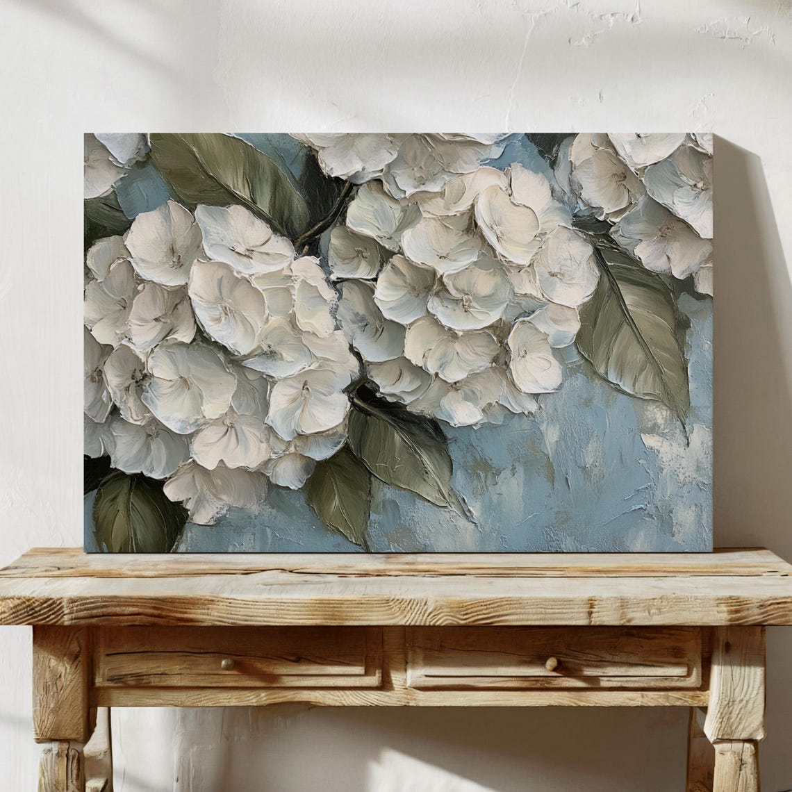 White Hydrangea Clusters Impasto Style Soft Blue Floral Wall Art