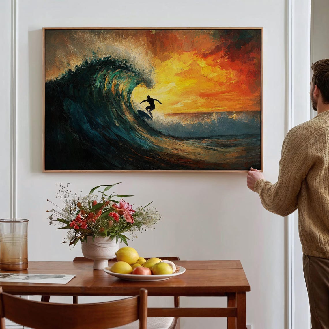 Surfer In Curling Wave Barrel Dramatic Sunset Ocean Wall Art - Image 4