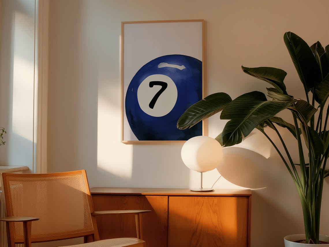 Lucky Number 7 Blue Watercolor Pool Ball Retro Sport Wall Art - Image 4