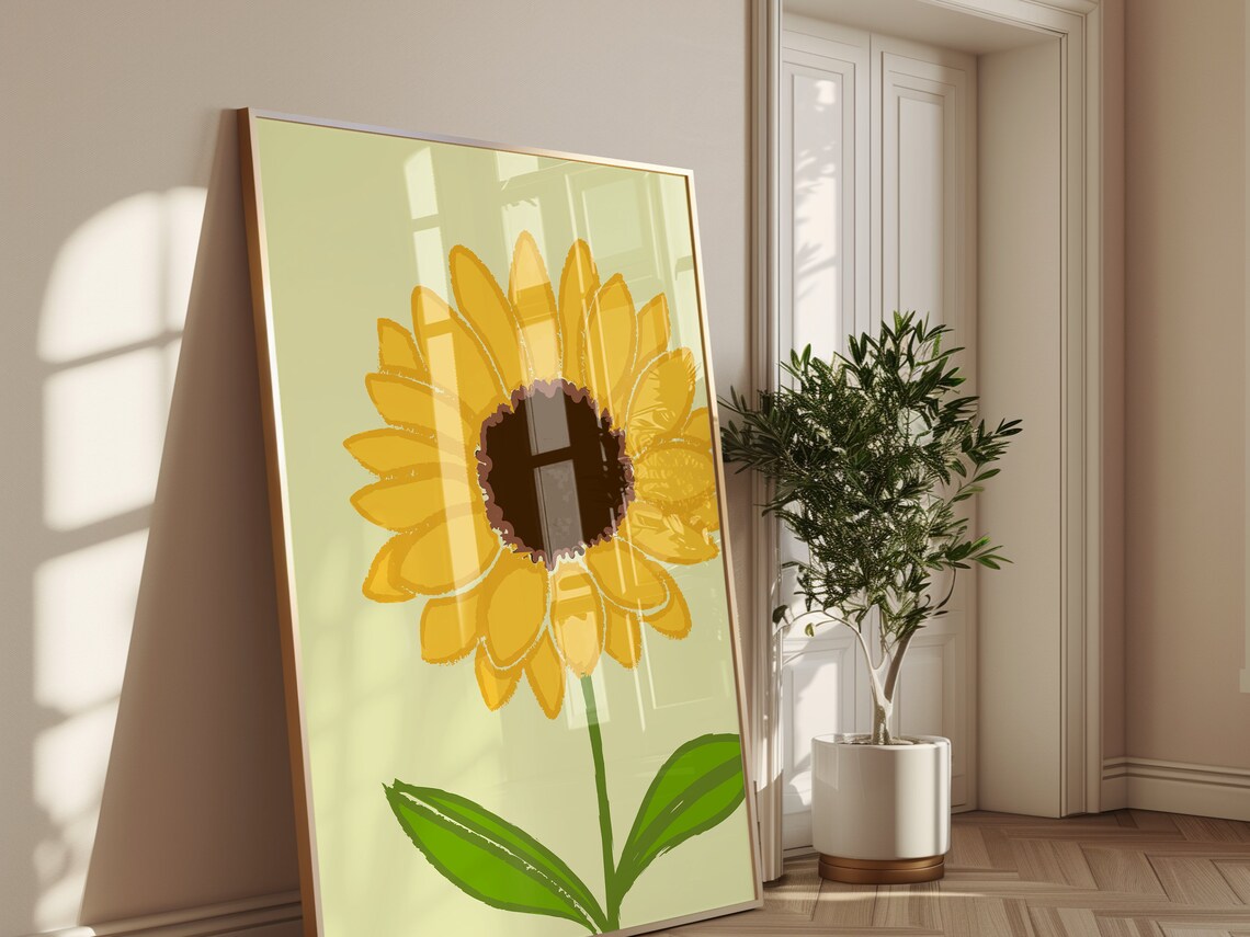 Single Tall Yellow Sunflower Green Stem Minimal Botanical Poster