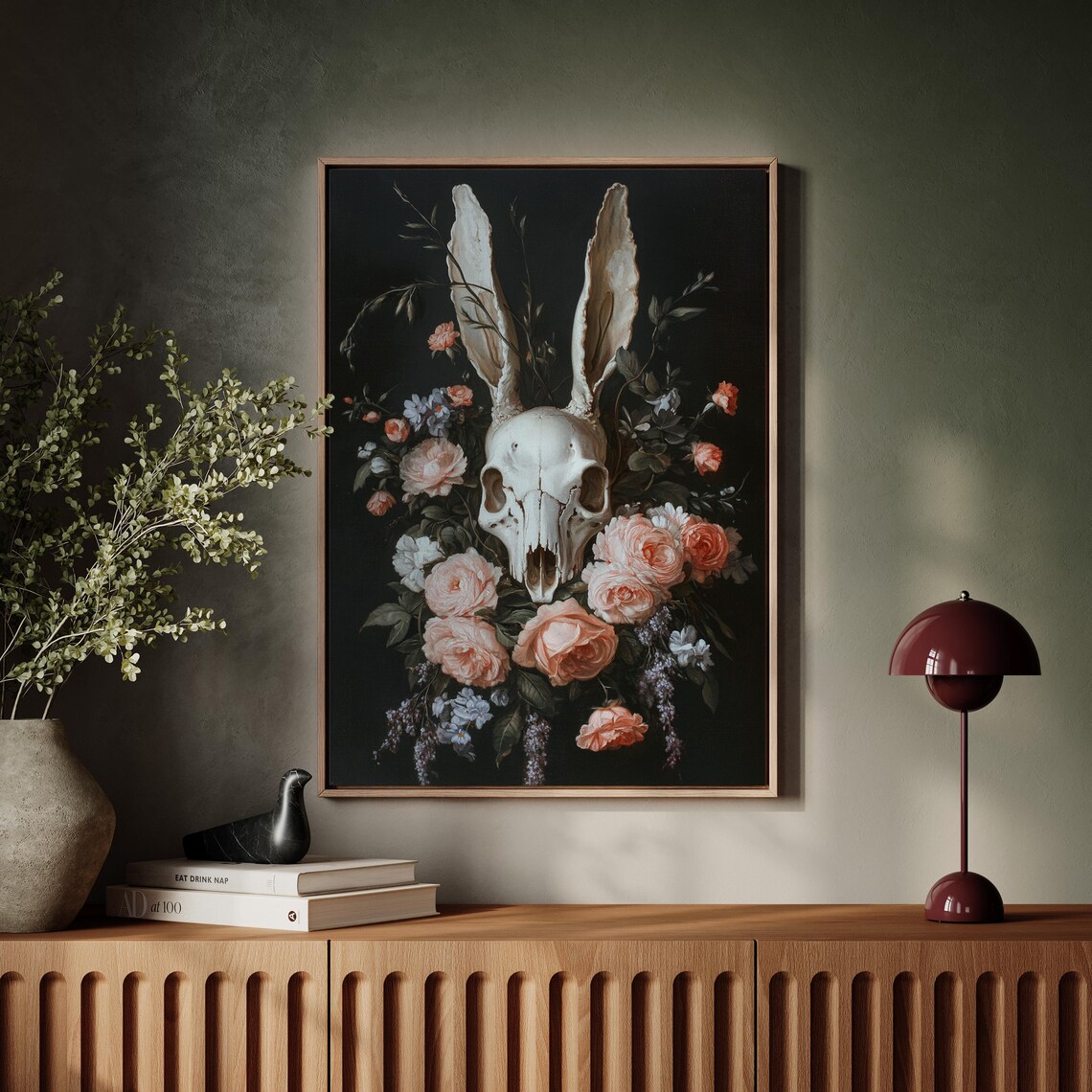 Dark Rabbit Skull Floral Arrangement Moody Botanical Gothic Wall Art Poster - Image 5
