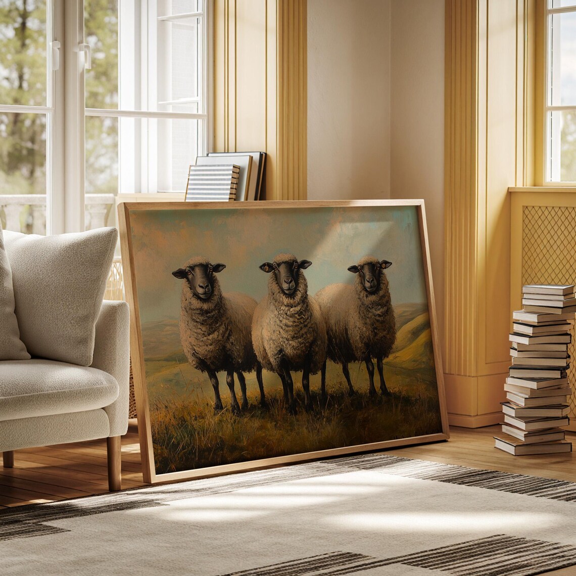 Three Sheep in Pasture Painting, Rustic Farm Scene - Image 4