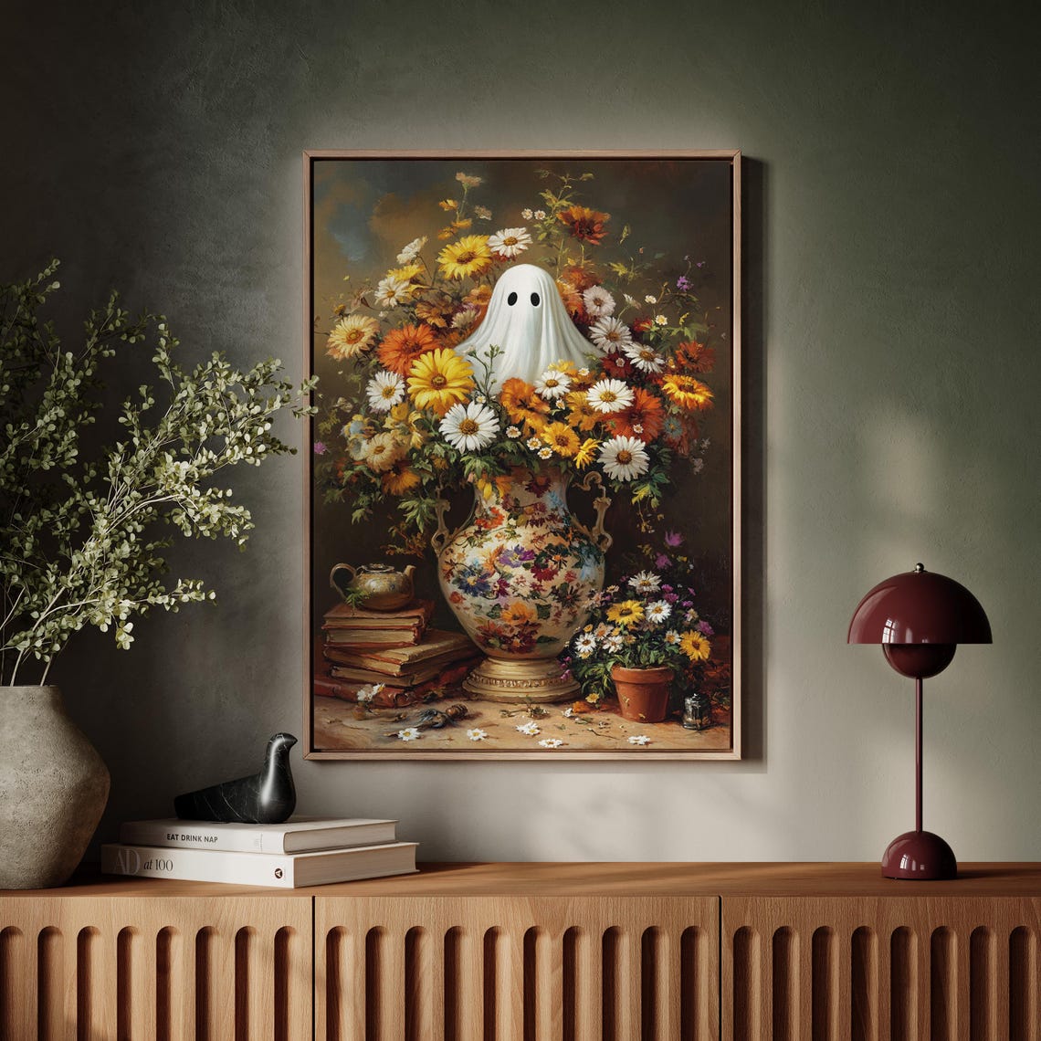 Ghost Peeking From Floral Vase With Books Whimsical Halloween Print - Image 5