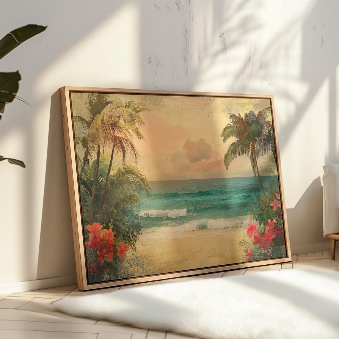 Vintage Tropical Beach Palm Trees Turquoise Ocean Sunset Art Poster - Image 4