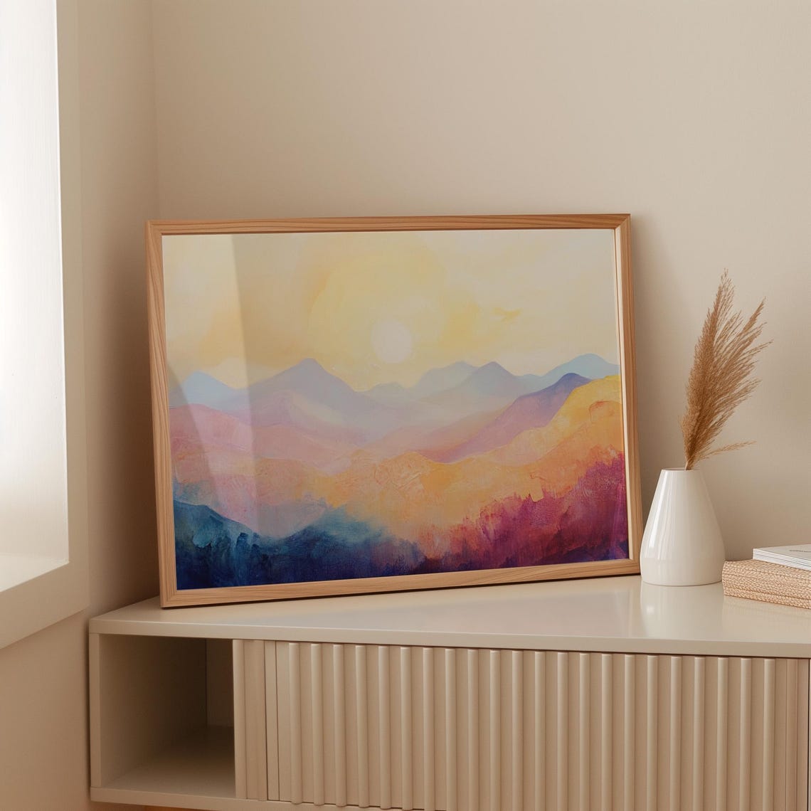 Soft Sunrise Over Abstract Mountains Warm Pastel Landscape Art Print For Serene And Modern Home Decor - Image 3