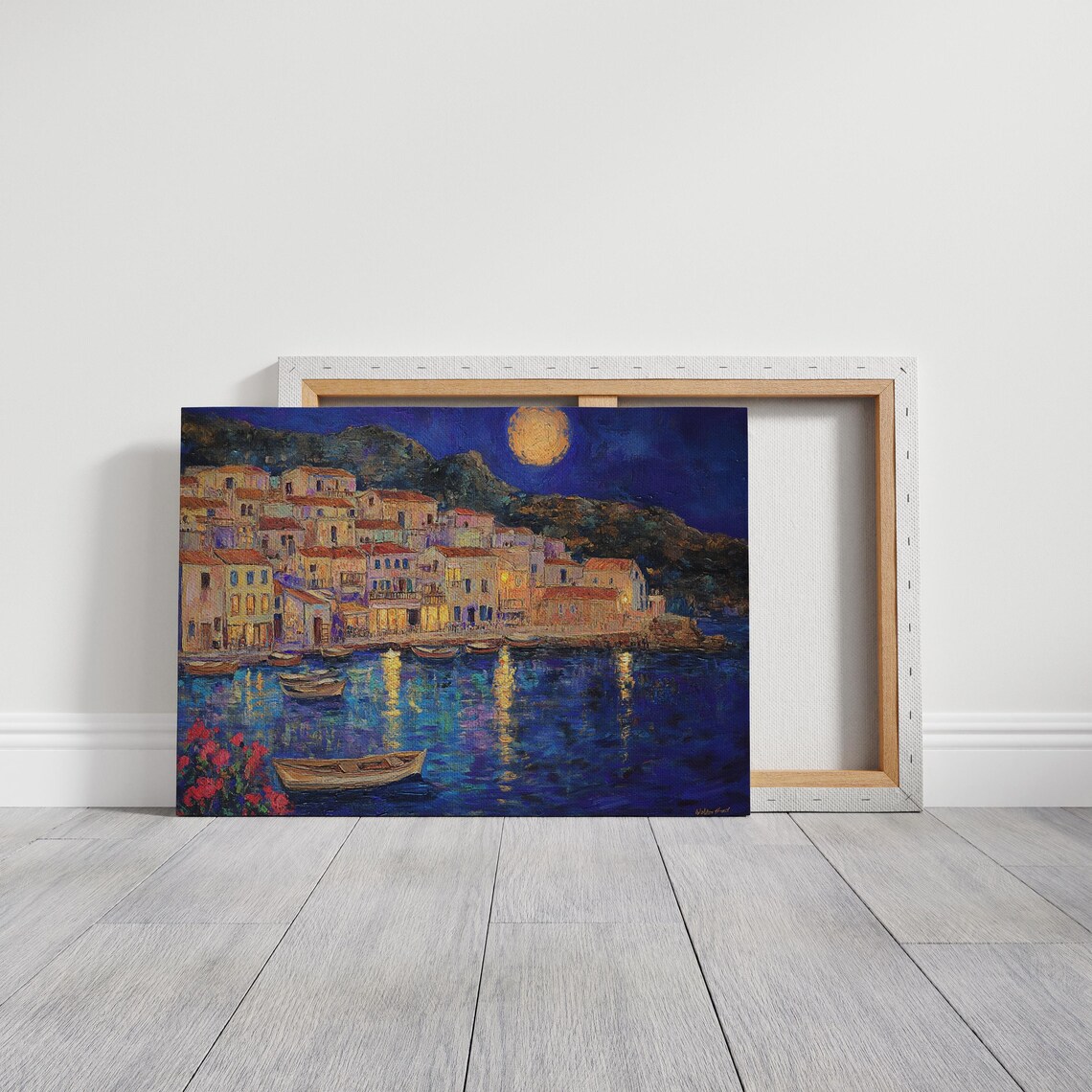 Mediterranean Harbor Night Moonlit Village Boats Reflections Art - Image 3