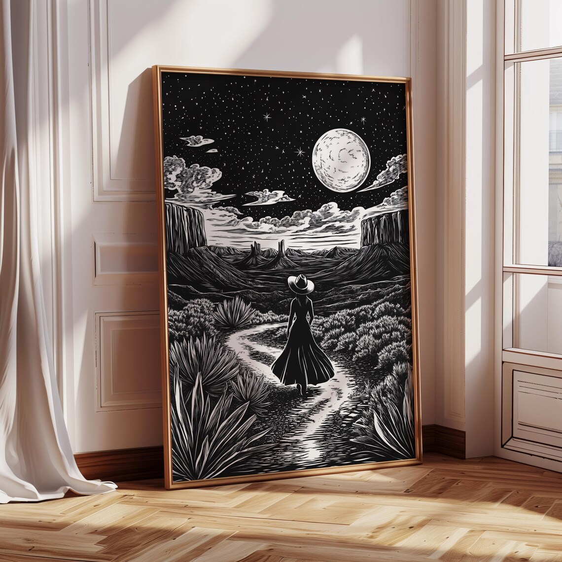 Cowgirl Desert Night Walk, Western Moonlit Landscape Print