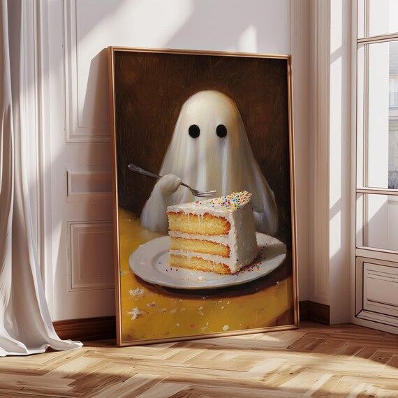 Cute Ghost And Cake, Funny Halloween Kitchen Decor