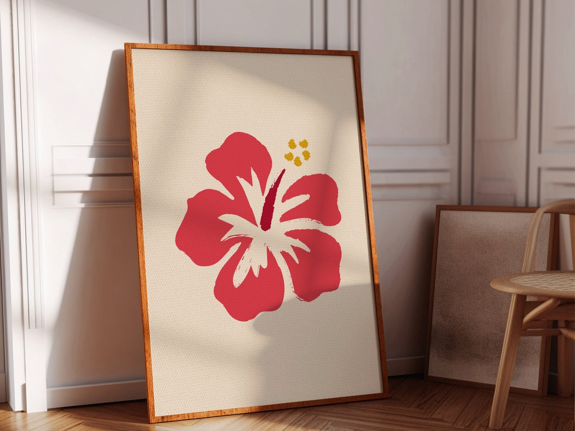 Bold Red Hibiscus Flower Minimalist Tropical Botanical Wall Art - Image 2