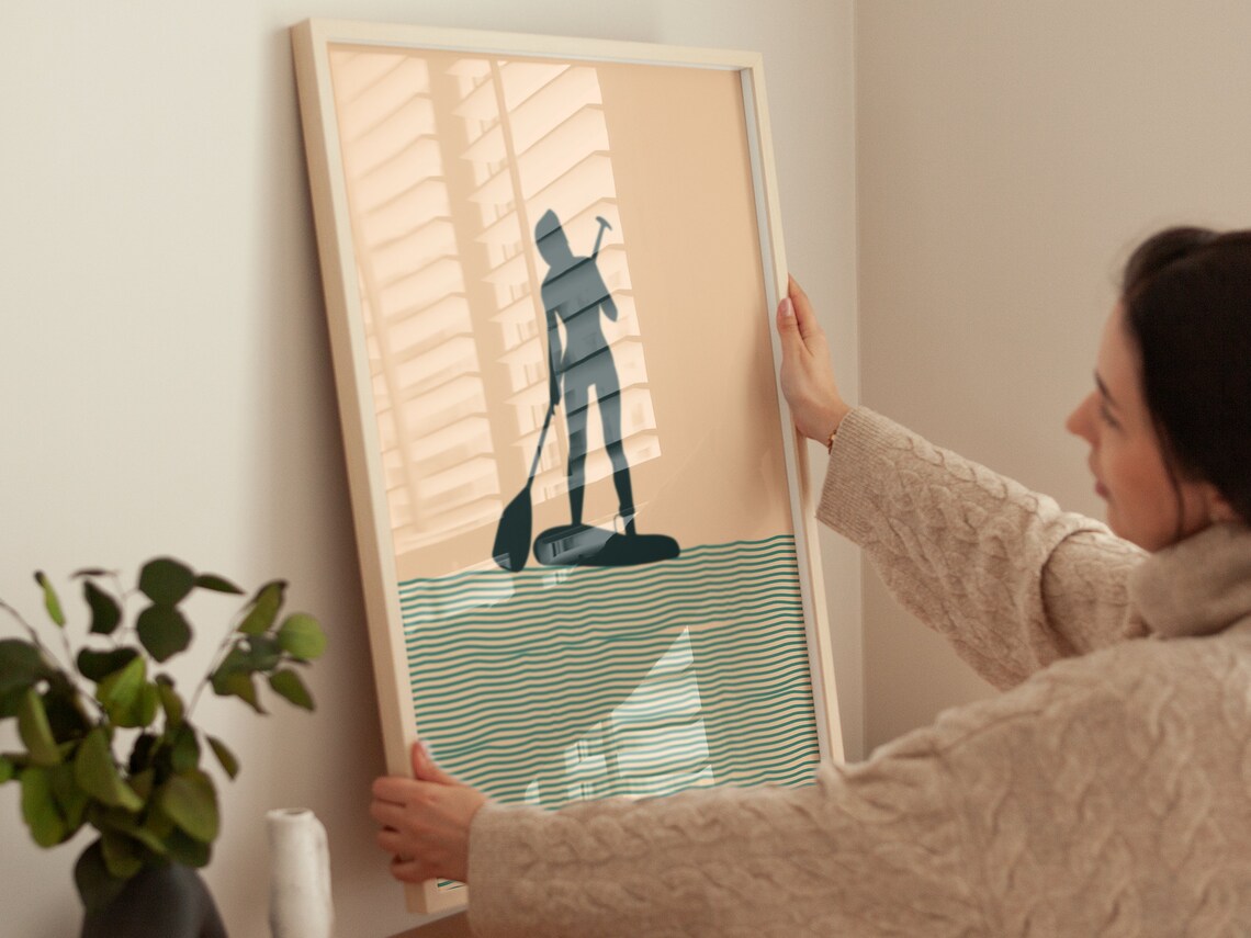 Paddle Board Woman Silhouette Boho Beige Minimalist Ocean Wall Poster - Image 4