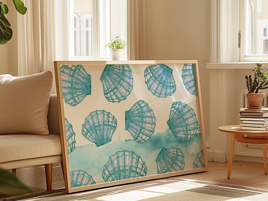 Seashell Pattern Watercolor Art Print Coastal Wall Decor Ocean Themed Poster For Bathroom Living Room Or Beach House