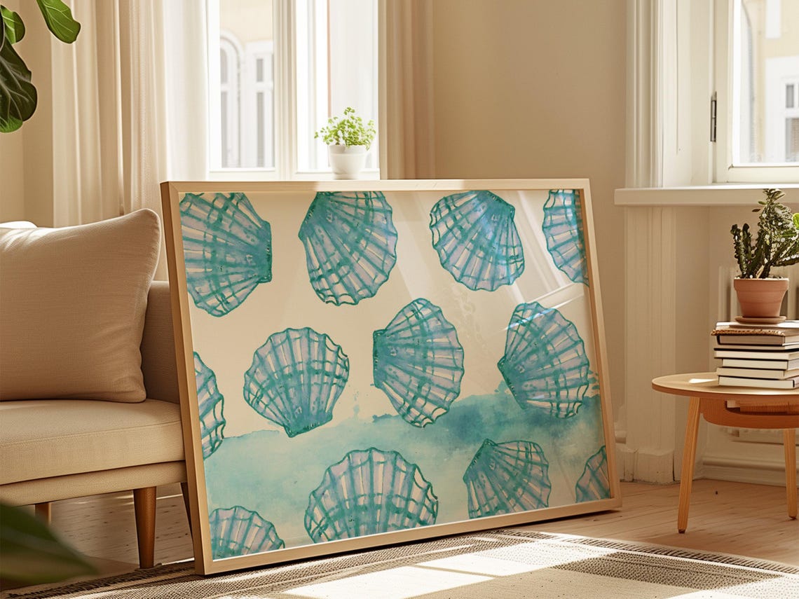 Teal Blue Watercolor Scallop Shell Pattern Coastal Beach Decor Poster