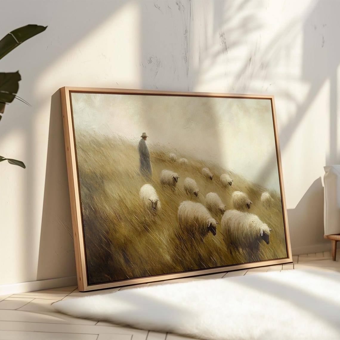 Shepherd With Sheep Flock Misty Golden Meadow Pastoral Landscape Print - Image 4