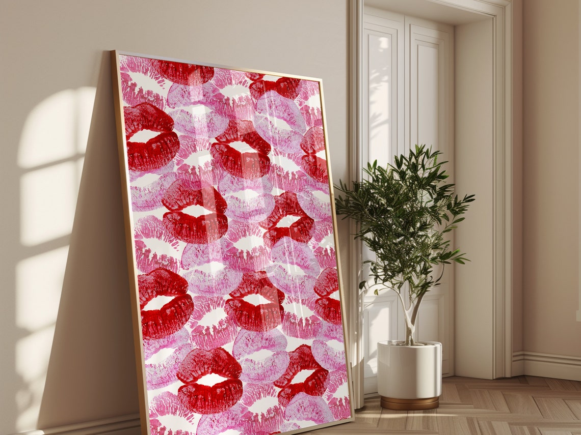 Lipstick Kiss Marks Pattern Pink Red Glamorous Vanity Wall Art Print - Image 4